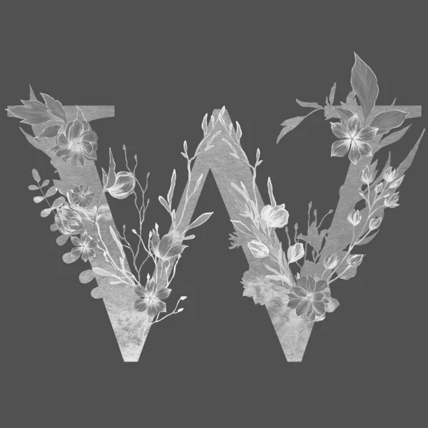 letter w  of the alphabet with flowers and leaves. Floral elegant design.