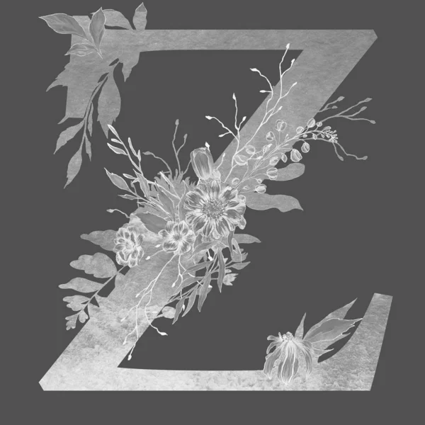 letter z  of the alphabet with flowers and leaves. Floral elegant design.