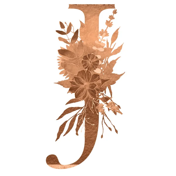 letter  j of the alphabet with flowers and leaves. Floral elegant design.