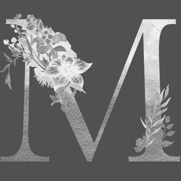 letter m  of the alphabet with flowers and leaves. Floral elegant design.