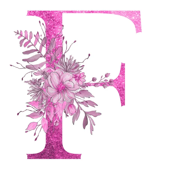 çiçek ve yaprakları ile alfabenin f harfi. Floral zarif tasarım. 