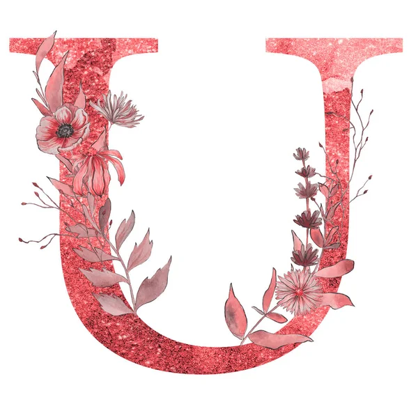 Buchstabe Des Alphabets Mit Blüten Und Blättern Florales Elegantes Design — Stockfoto