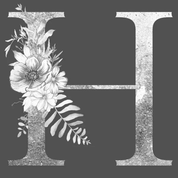 letter h  of the alphabet with flowers and leaves. Floral elegant design.