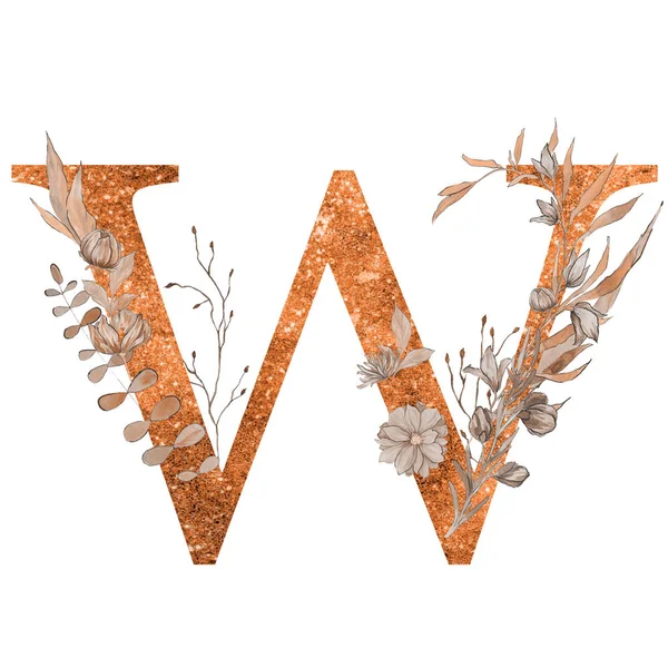 letter w  of the alphabet with flowers and leaves. Floral elegant design.