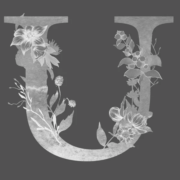 letter u  of the alphabet with flowers and leaves. Floral elegant design.