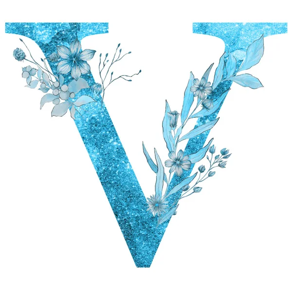 letter  v of the alphabet with flowers and leaves. Floral elegant design.