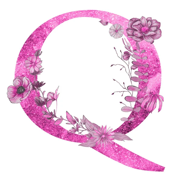 letter  q of the alphabet with flowers and leaves. Floral elegant design.
