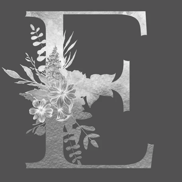 letter  e of the alphabet with flowers and leaves. Floral elegant design.