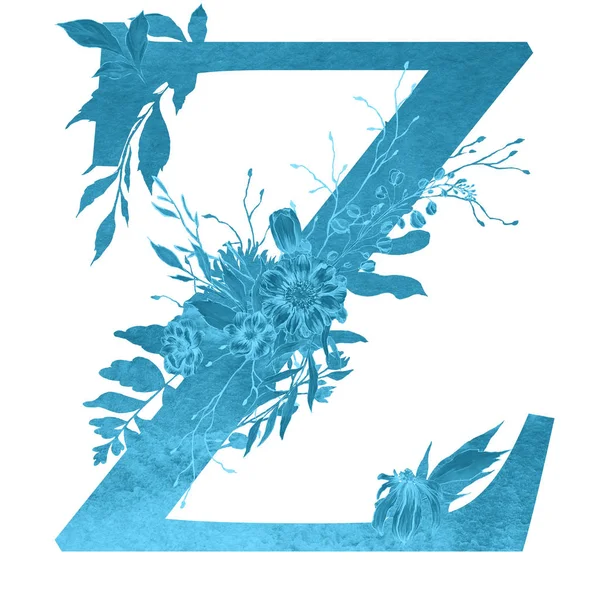letter z  of the alphabet with flowers and leaves. Floral elegant design.