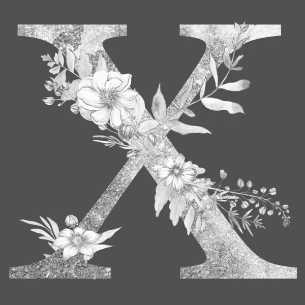 letter x  of the alphabet with flowers and leaves. Floral elegant design.