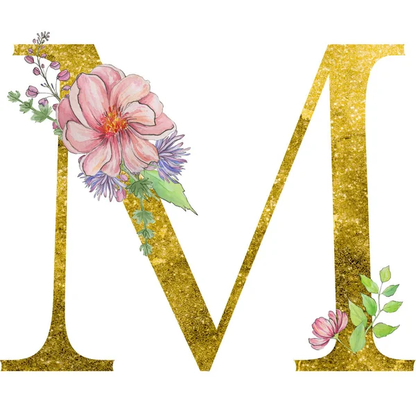 letter m  of the alphabet with flowers and leaves. Floral elegant design.