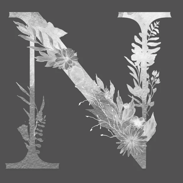 letter n  of the alphabet with flowers and leaves. Floral elegant design.