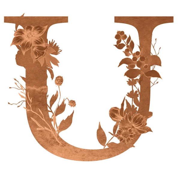 letter u  of the alphabet with flowers and leaves. Floral elegant design.
