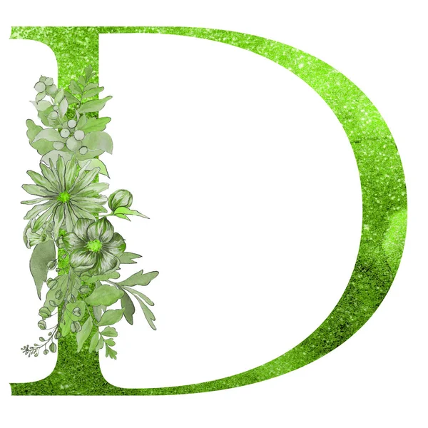 letter d  of the alphabet with flowers and leaves. Floral elegant design.