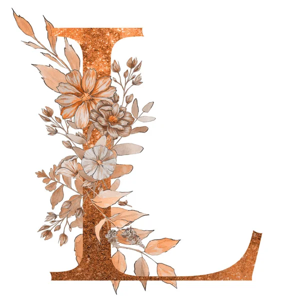 letter l  of the alphabet with flowers and leaves. Floral elegant design.
