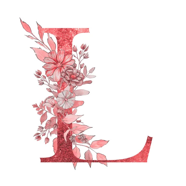 Lettre Alphabet Avec Des Fleurs Des Feuilles Design Floral Élégant — Photo