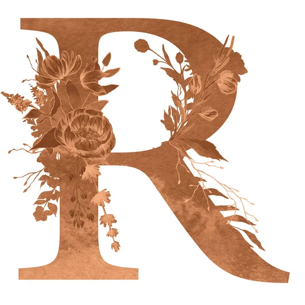 letter r  of the alphabet with flowers and leaves. Floral elegant design.