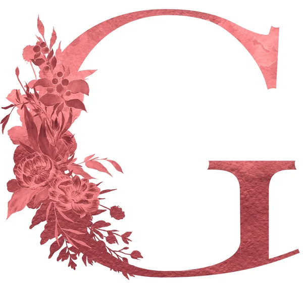 letter  G of the alphabet with flowers and leaves. Floral elegant design.