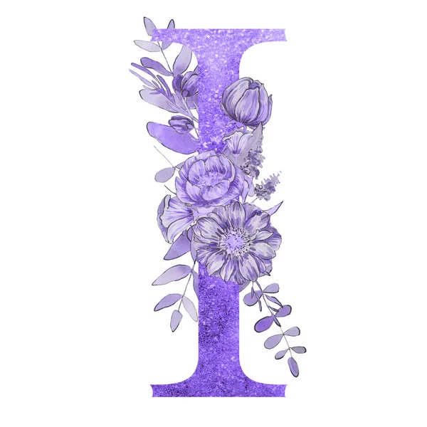 Litera Alfabetu Kwiatami Liści Kwiatowy Elegancki Design — Zdjęcie stockowe