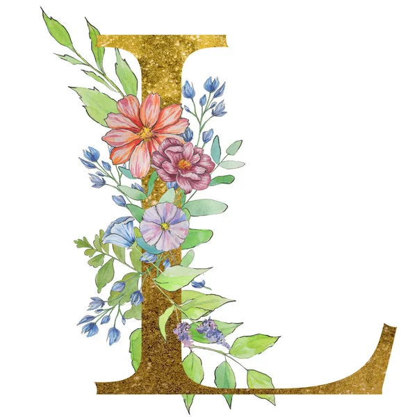 字母表的字母 与花和叶子 花卉优雅的设计 — 图库照片