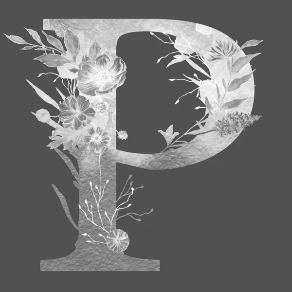 letter p  of the alphabet with flowers and leaves. Floral elegant design.