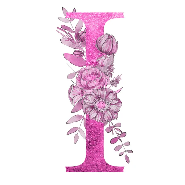 Letra Del Alfabeto Con Flores Hojas Diseño Elegante Floral — Foto de Stock