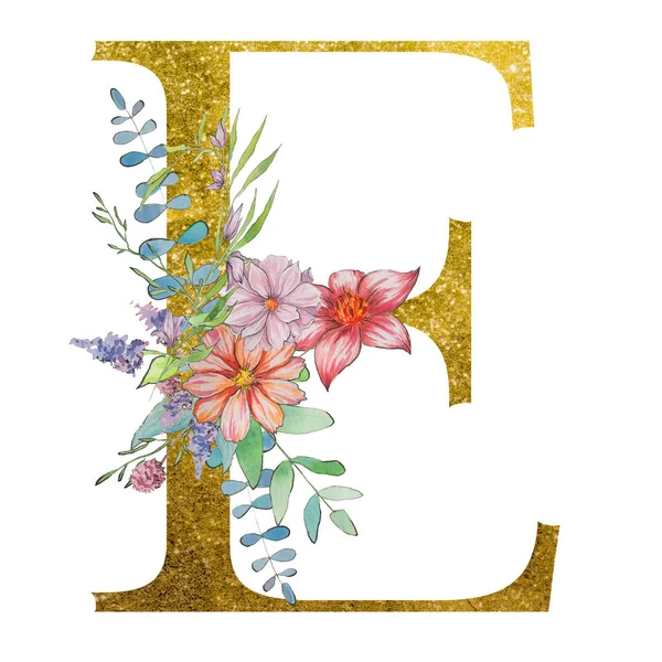 letter  e of the alphabet with flowers and leaves. Floral elegant design.