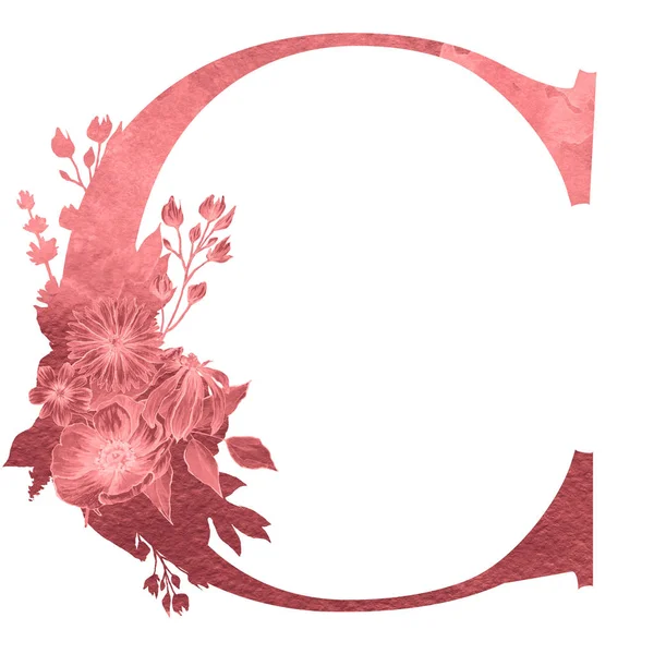 letter c  of the alphabet with flowers and leaves. Floral elegant design.