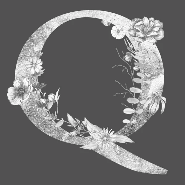 letter  q of the alphabet with flowers and leaves. Floral elegant design.