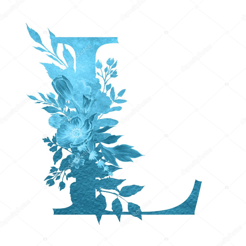 letter l  of the alphabet with flowers and leaves. Floral elegant design. 