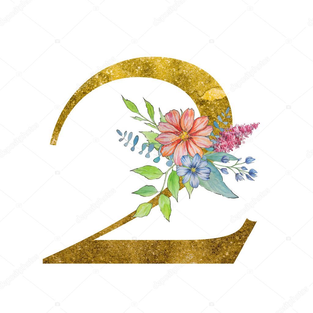 Decorative numeral with flowers and leaves. Holiday and floristic design