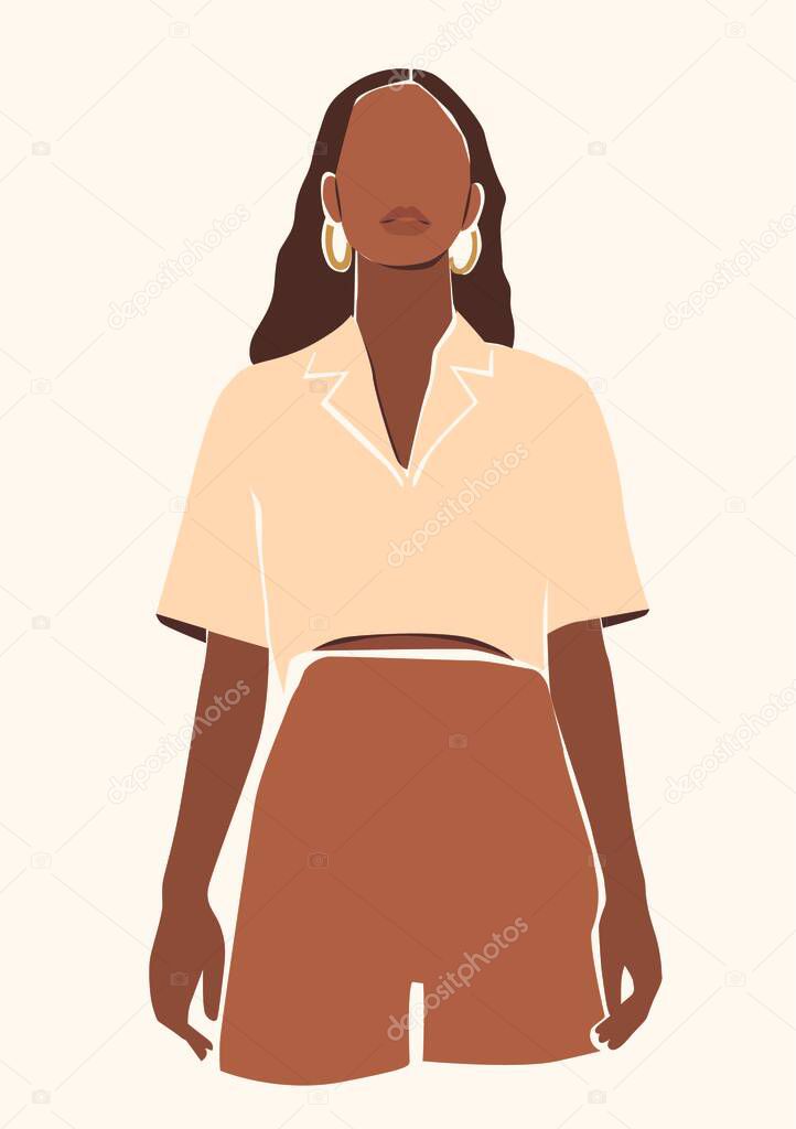 Abstract illustration of a beautiful black skin woman. Feminine printable wall art poster.