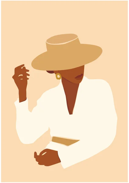 Illustration Vectorielle Belle Femme Peau Noire Portant Chapeau Style Mode — Image vectorielle