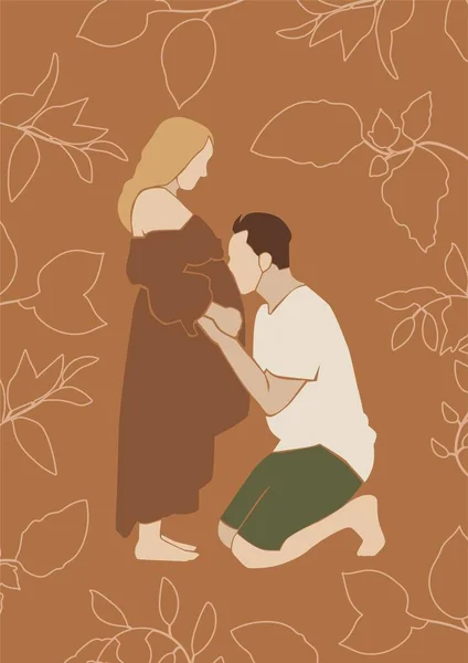 カラフルな背景に妊娠中の女性のイラストの男のキス腹 かわいいです若いです妊娠カップルプリントポスター — ストック写真