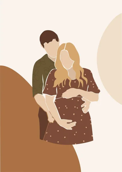 男人拥抱着怀孕的女人用五彩缤纷的背景图片说明 年轻貌美的怀孕夫妇海报 — 图库照片