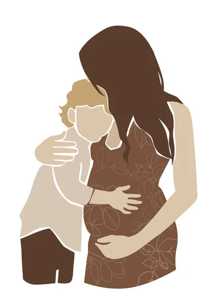 Pregnant mother hugging son illustration on the white background. Cute young pregnant woman print poster.