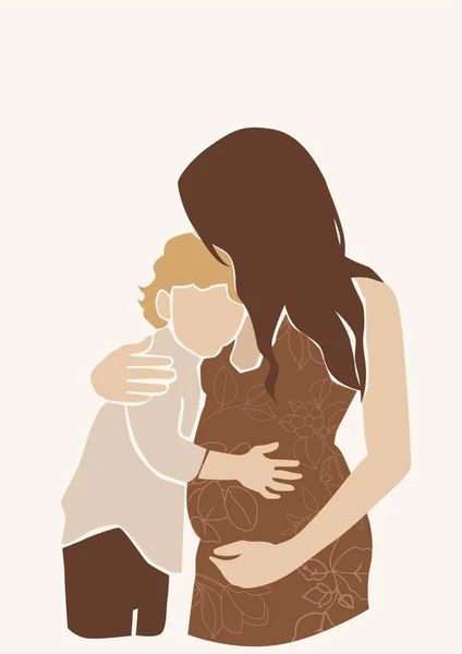 Terhes Anya Ölelés Fia Illusztráció Fehér Háttérben Aranyos Fiatal Terhes — Stock Vector