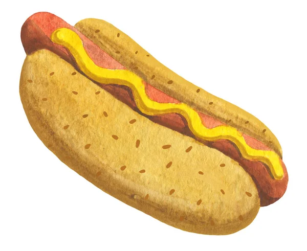 Acquerello Hot Dog Isolato Sfondo Bianco — Foto Stock