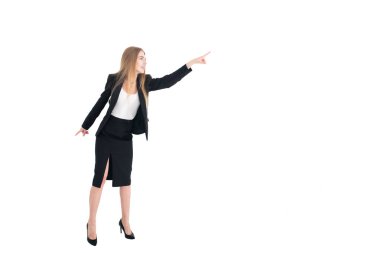 Beyaz arka plan üzerinde gülümseyen olumlu iş kadını Klasik stüdyo portresi. Izole