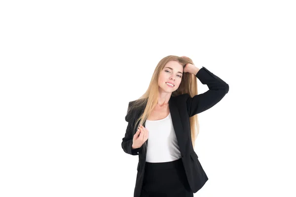 Retrato clásico de estudio de mujer de negocios positiva sonriente sobre fondo blanco. Aislado Fotos de stock libres de derechos