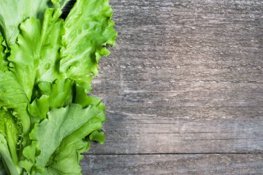 Taze yeşil salata yaprakları ahşap tablo.