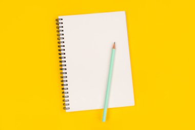 Sarı arkaplanda boş defter ve kalem, üst görünüm.