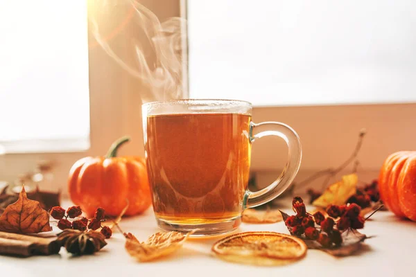 Autumn hot steaming cup of tea.