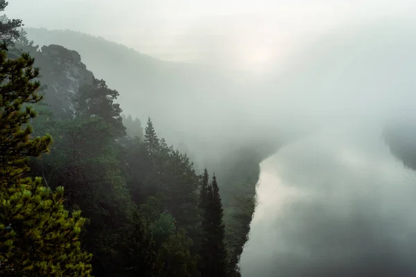 Dağdan nehir vadisine kadar sisli bir manzara. — Stok fotoğraf