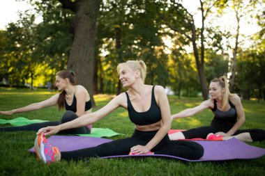 Üç genç, dışarıda parkta aerobik egzersizleri yapıyor. Ağaç kadın, sağlıklı ve aktif bir yaşam tarzı. Parkta meditasyon, rahatlama. Çimenlerde yoga yapan güzel bir kadın.