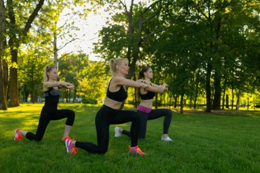 Üç genç, dışarıda parkta aerobik egzersizleri yapıyor. Ağaç kadın, sağlıklı ve aktif bir yaşam tarzı. Parkta meditasyon, rahatlama. Çimenlerde yoga yapan güzel bir kadın.