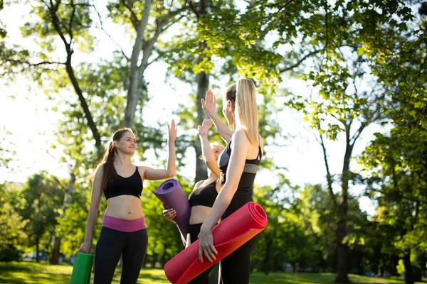 Group of woman chatting after yoga exercise outdoor on a bright morning in the park.holding yoga mat