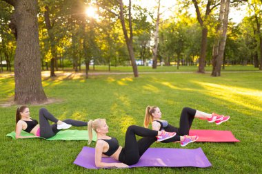 Üç genç, dışarıda parkta aerobik egzersizleri yapıyor. Ağaç kadın, sağlıklı ve aktif bir yaşam tarzı. Parkta meditasyon, rahatlama. Çimenlerde yoga yapan güzel bir kadın.