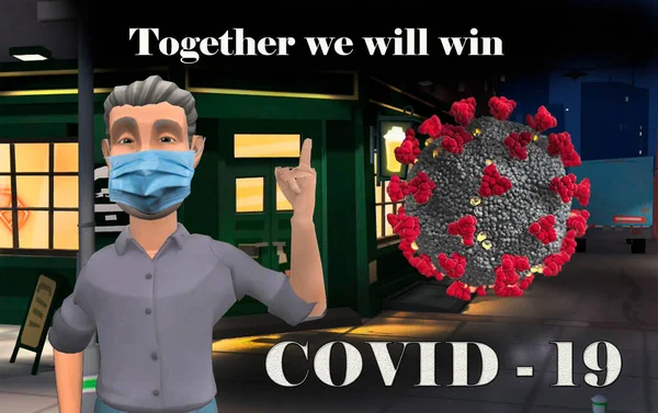 A young man in a mask shows that together we will defeat the covid - 19. Coronavirus, together we will win, a 3D man in a mask,