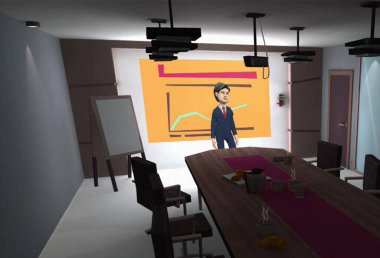 Genç bir adam, sunumlar için boş bir odada bir konuşma hazırlıyor, büyük bir masa, bir sunum tahtası, spot ışıkları.